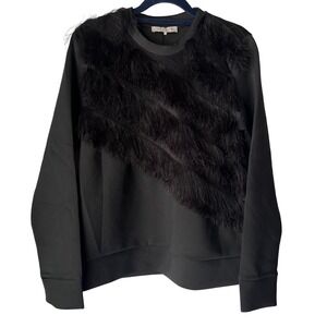 Sandro Paris Black Fringe Sweatshirt Scuba Crew Neck
